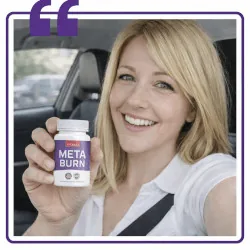 Lifestyle photograph of a woman holding a MetaBurn bottle, supplied with the product assets