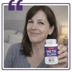 Lifestyle photograph of a woman holding a MetaBurn bottle, supplied with the product assets